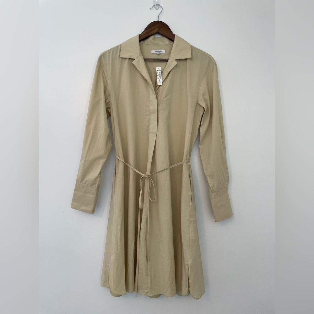 Madewell Beige Belted Old Money Aesthetic Cotton Blend Long Sleeve Midi Dress